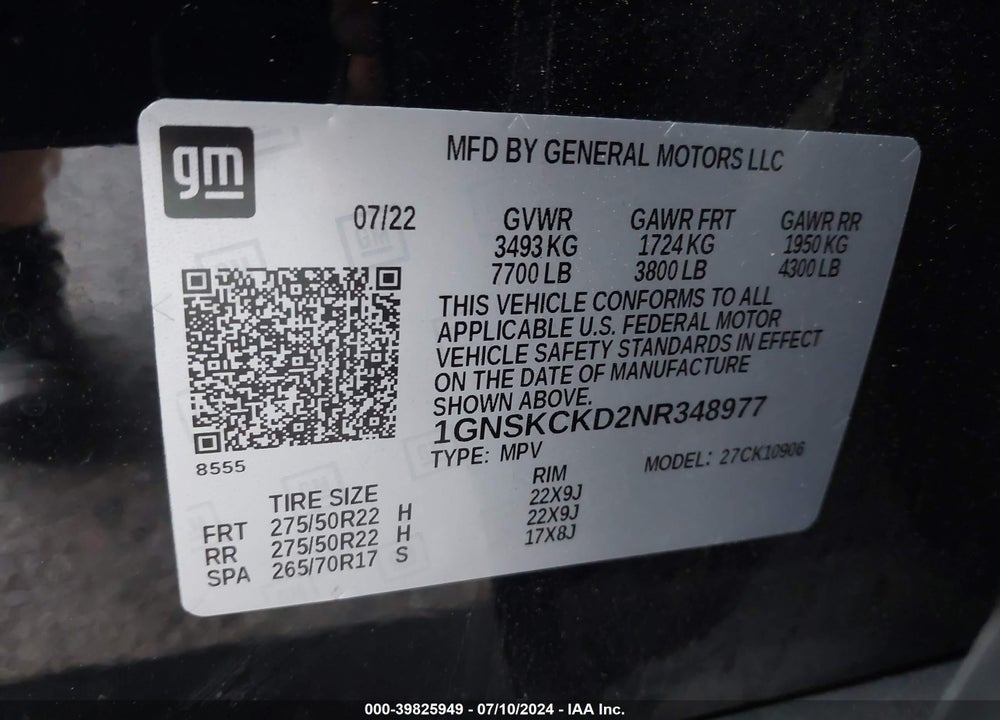 2022 CHEVROLET SUBURBAN 4WD LT VIN: 1GNSKCKD2NR348977