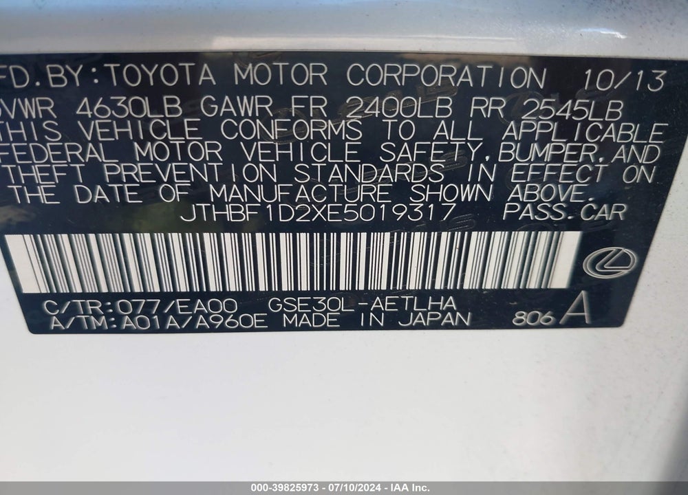2014 LEXUS IS 250 VIN: JTHBF1D2XE5019317