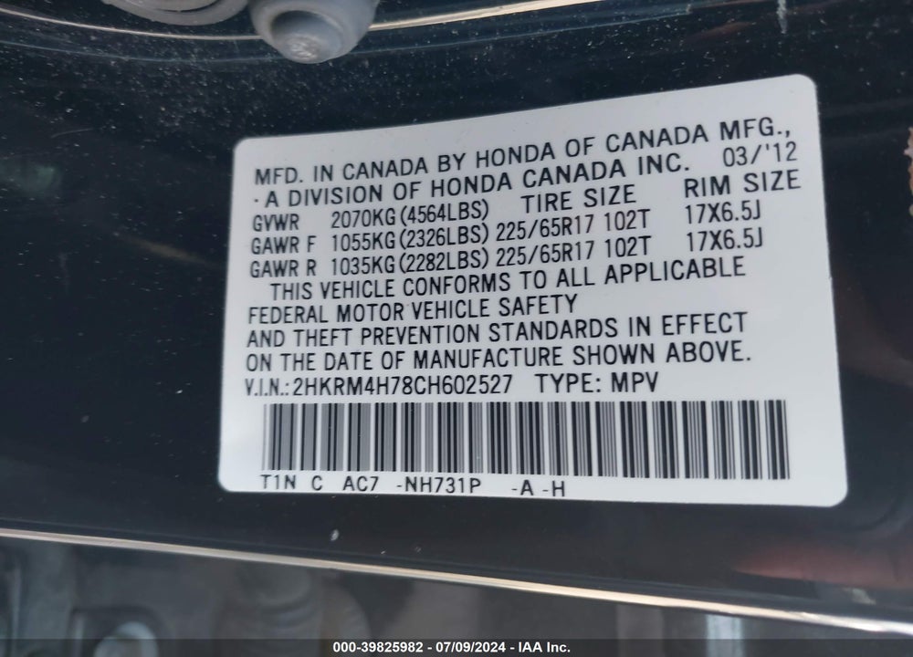 2012 HONDA CR-V EX-L VIN: 2HKRM4H78CH602527