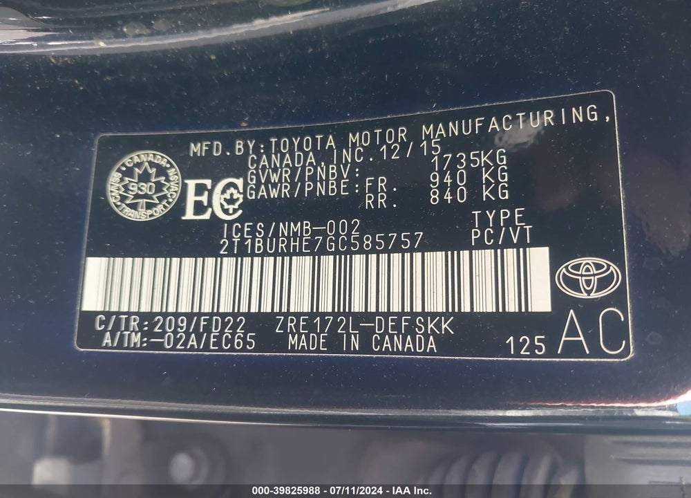 2016 TOYOTA COROLLA S VIN: 2T1BURHE7GC585757