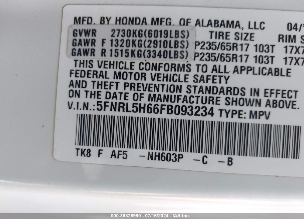 2015 HONDA ODYSSEY EX-L VIN: 5FNRL5H66FB093234