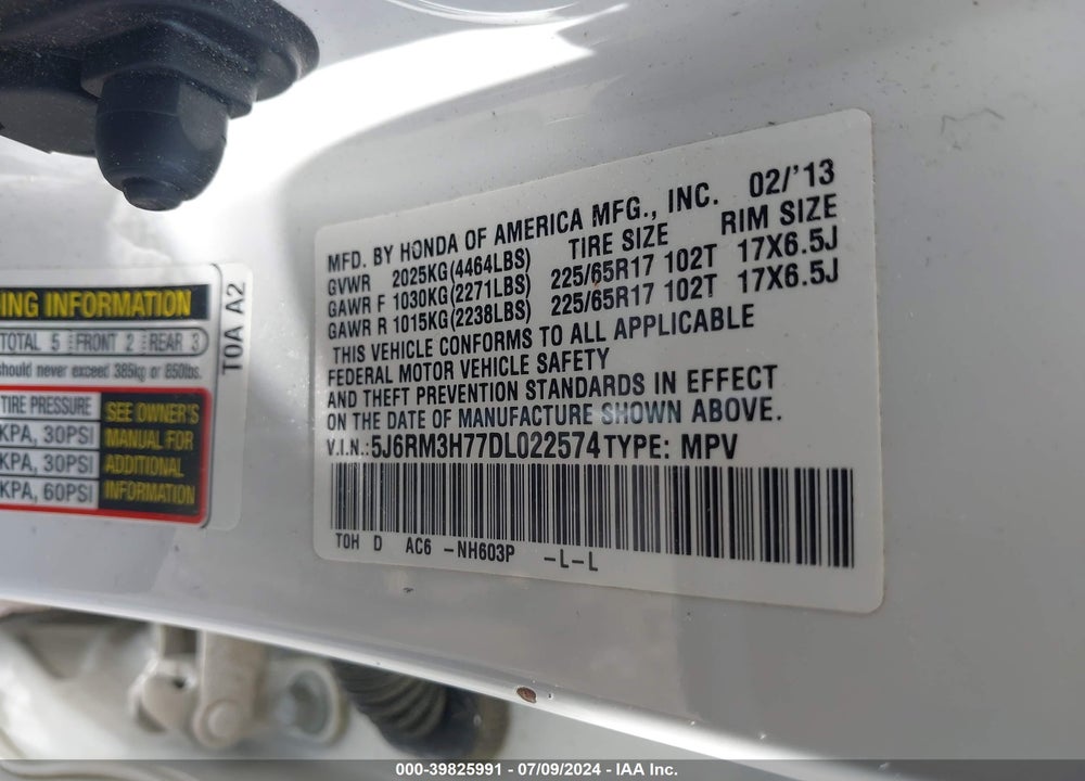 2013 HONDA CR-V EX-L VIN: 5J6RM3H77DL022574