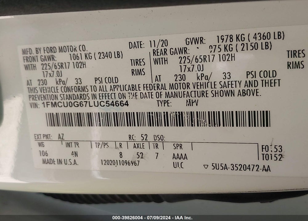 2020 FORD ESCAPE SE VIN: 1FMCU0G67LUC54664