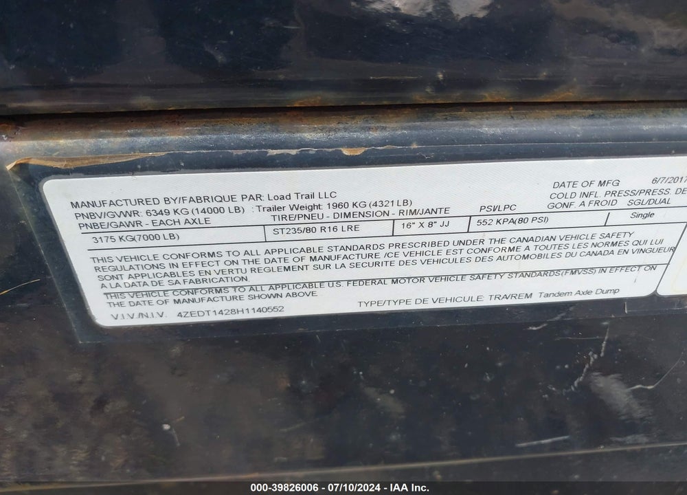 2017 LOAD TRAIL 14' DUMP TRAILER VIN: 4ZEDT1428H1140552