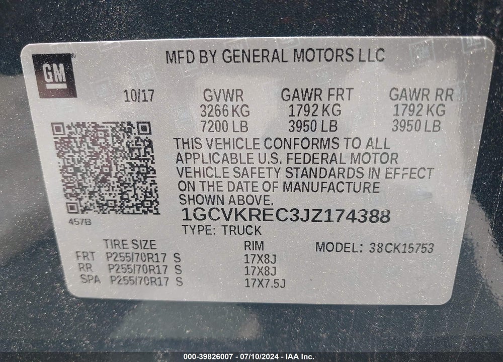 2018 CHEVROLET SILVERADO 1500 1LT VIN: 1GCVKREC3JZ174388