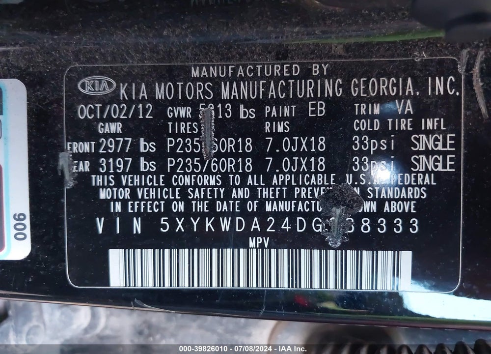 2013 KIA SORENTO SX V6 VIN: 5XYKWDA24DG388333