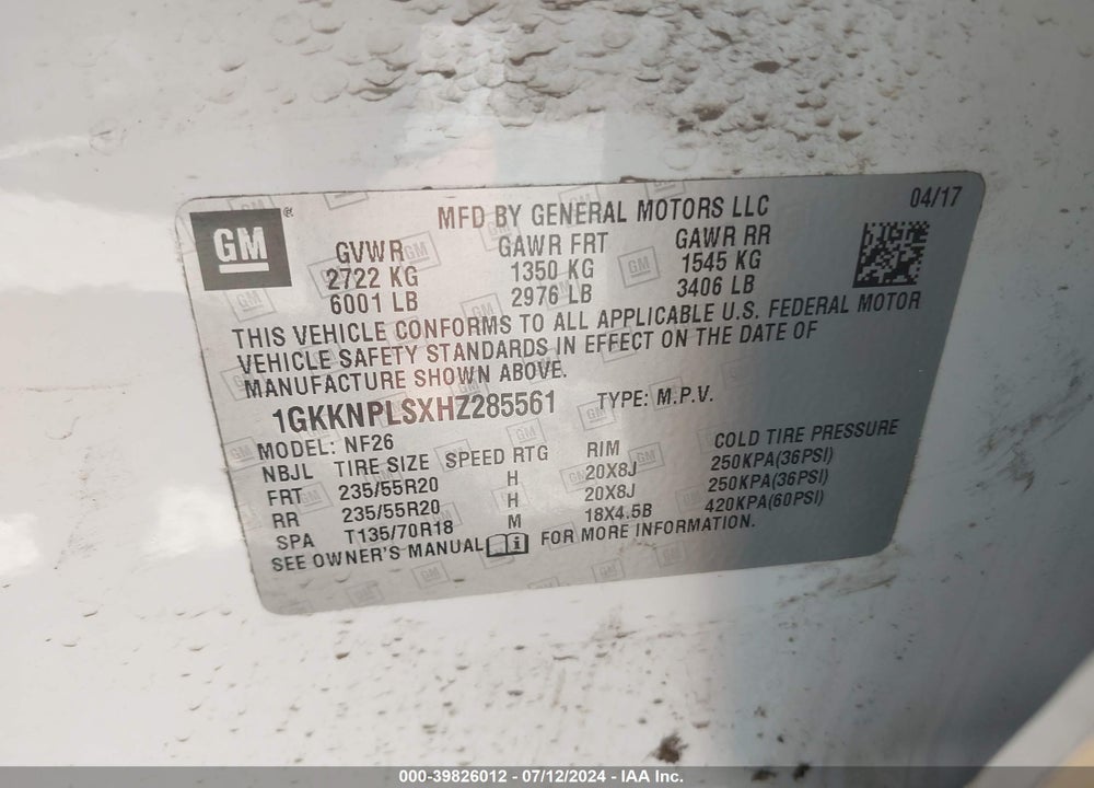 2017 GMC ACADIA DENALI VIN: 1GKKNPLSXHZ285561