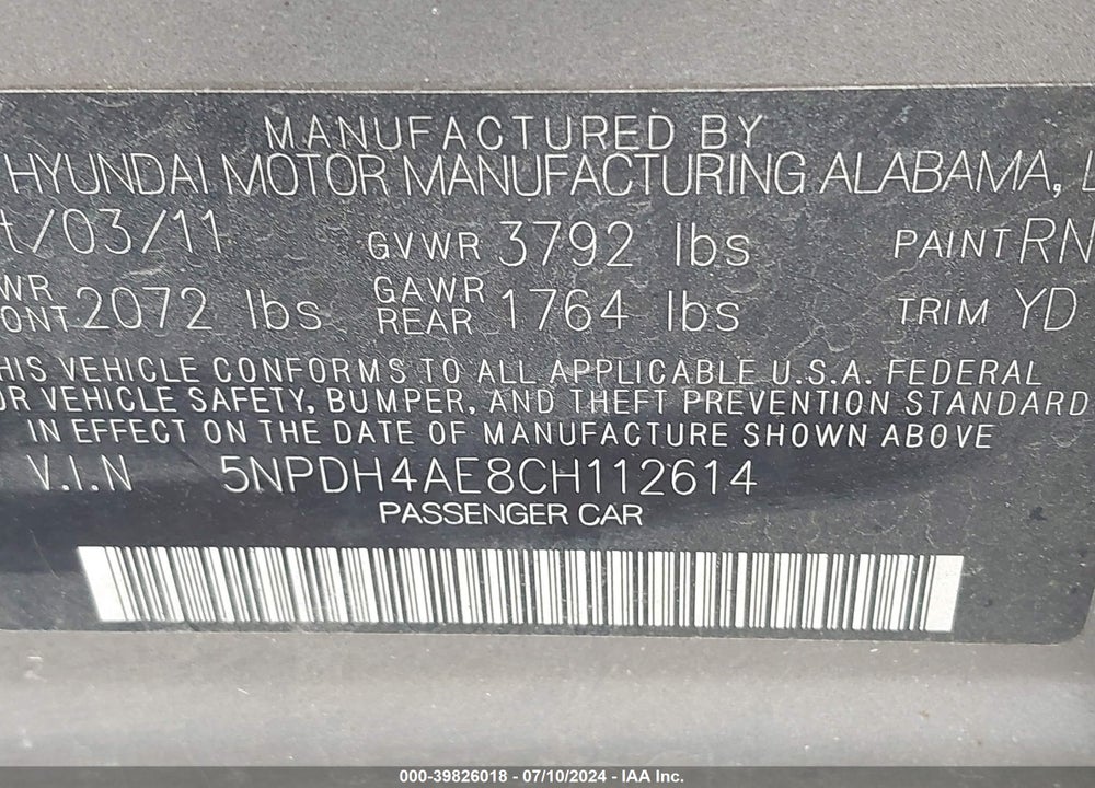 2012 HYUNDAI ELANTRA GLS VIN: 5NPDH4AE8CH112614