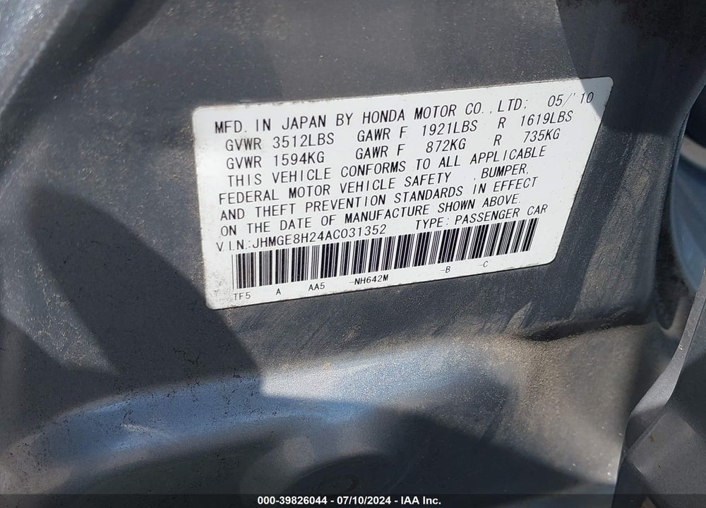 2010 HONDA FIT VIN: JHMGE8H24AC031352