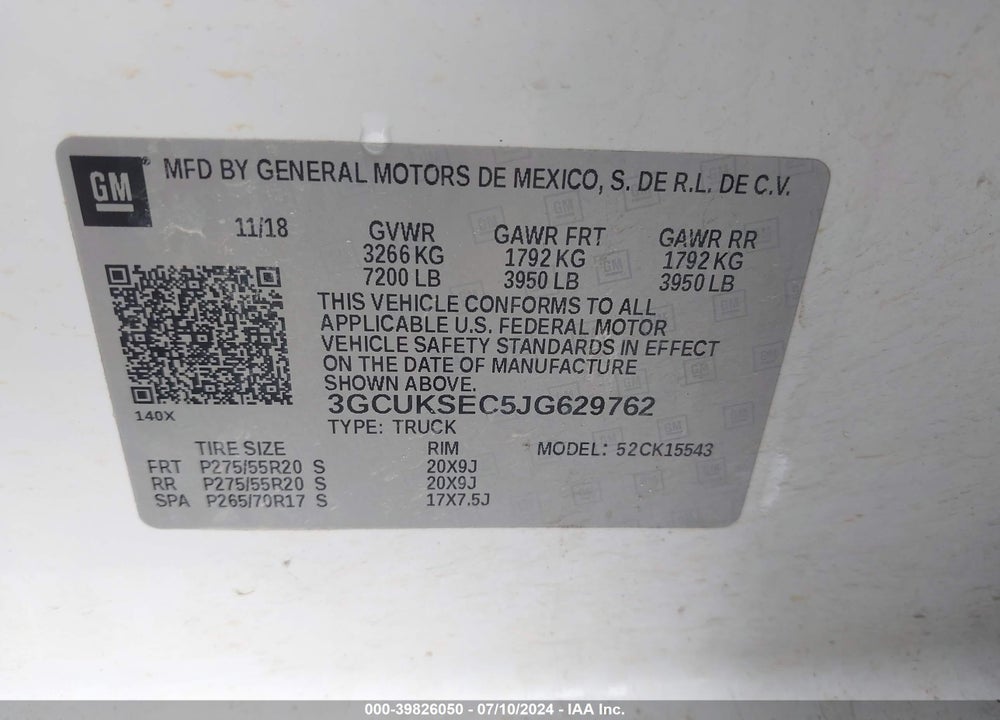 2018 CHEVROLET SILVERADO 1500 1LZ VIN: 3GCUKSEC5JG629762