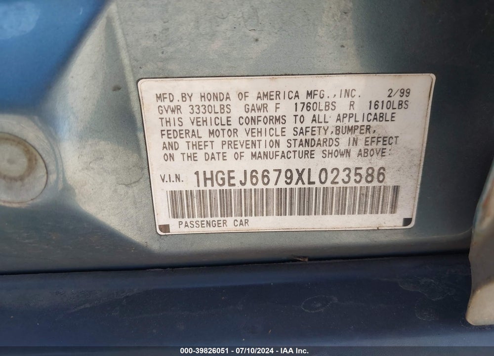 1999 HONDA CIVIC LX VIN: 1HGEJ6679XL023586