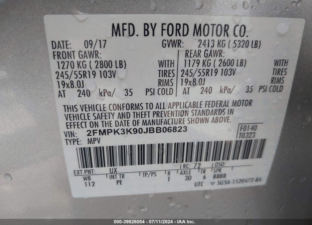 2018 FORD EDGE TITANIUM VIN: 2FMPK3K90JBB06823