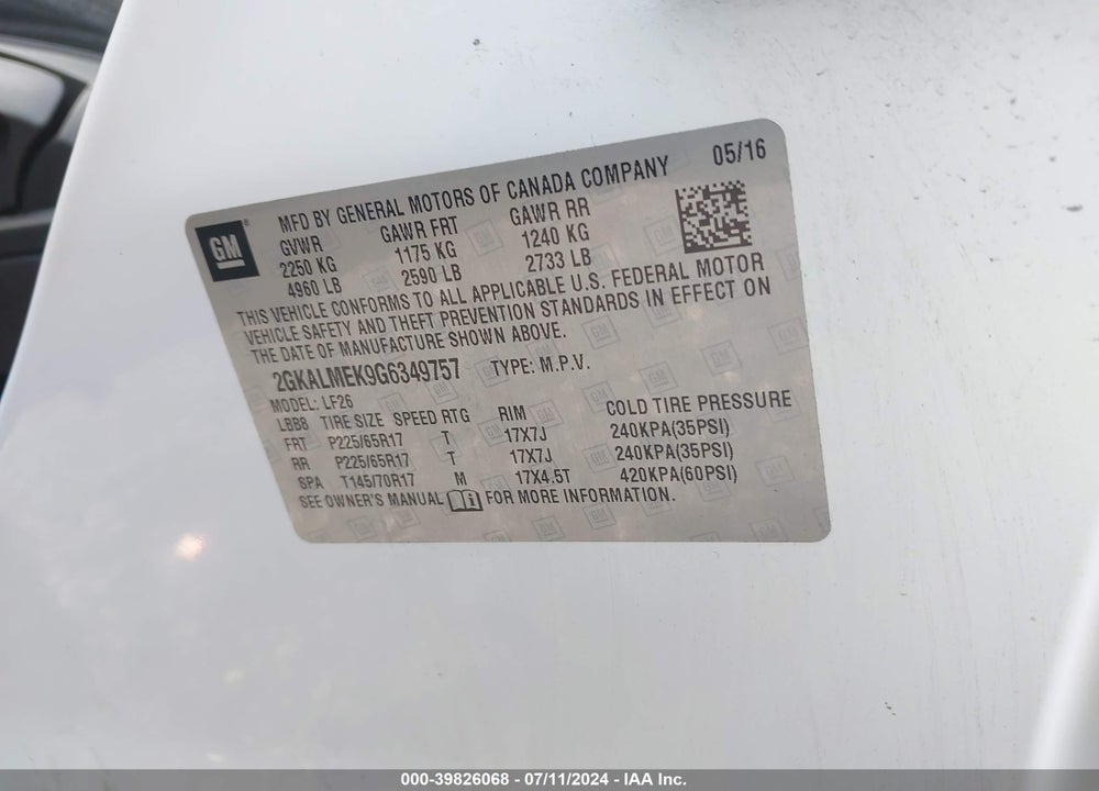 2016 GMC TERRAIN SLE-1 VIN: 2GKALMEK9G6349757