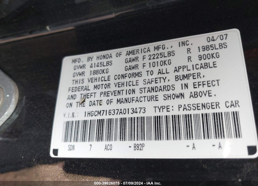 2007 HONDA ACCORD 2.4 EX VIN: 1HGCM71637A013473
