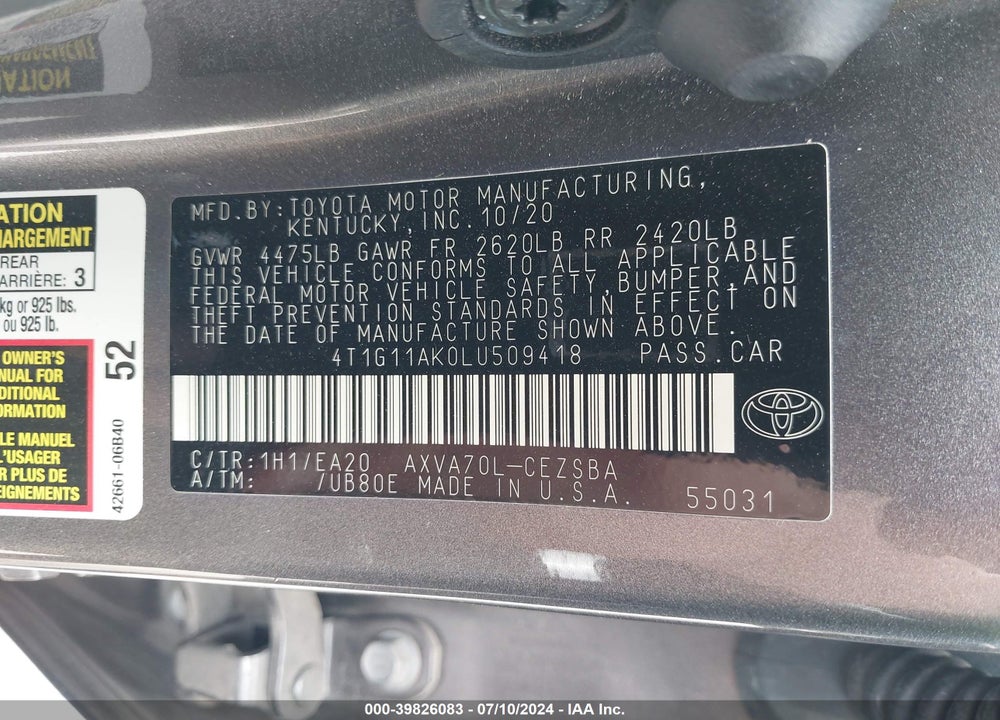 2020 TOYOTA CAMRY SE VIN: 4T1G11AK0LU509418