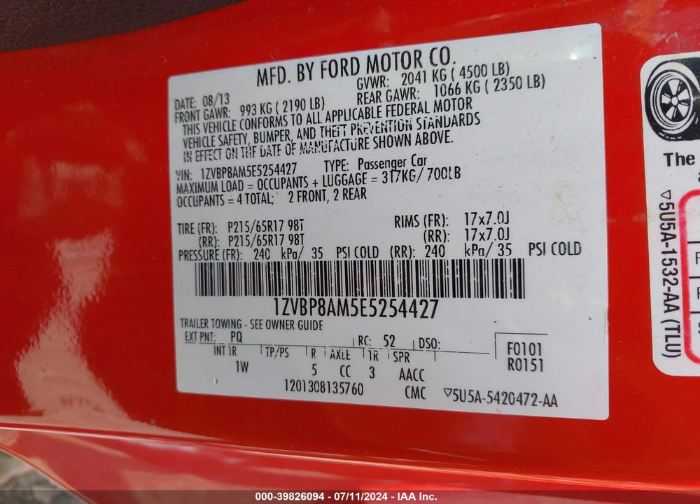 2014 FORD MUSTANG V6 VIN: 1ZVBP8AM5E5254427