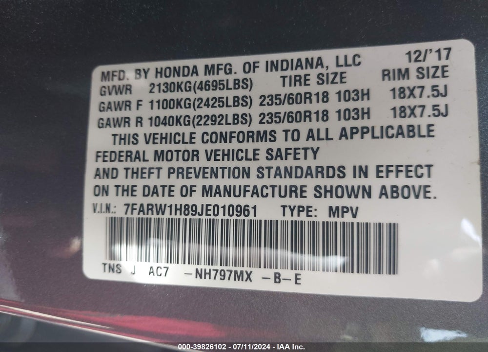 2018 HONDA CR-V EX-L/EX-L NAVI VIN: 7FARW1H89JE010961