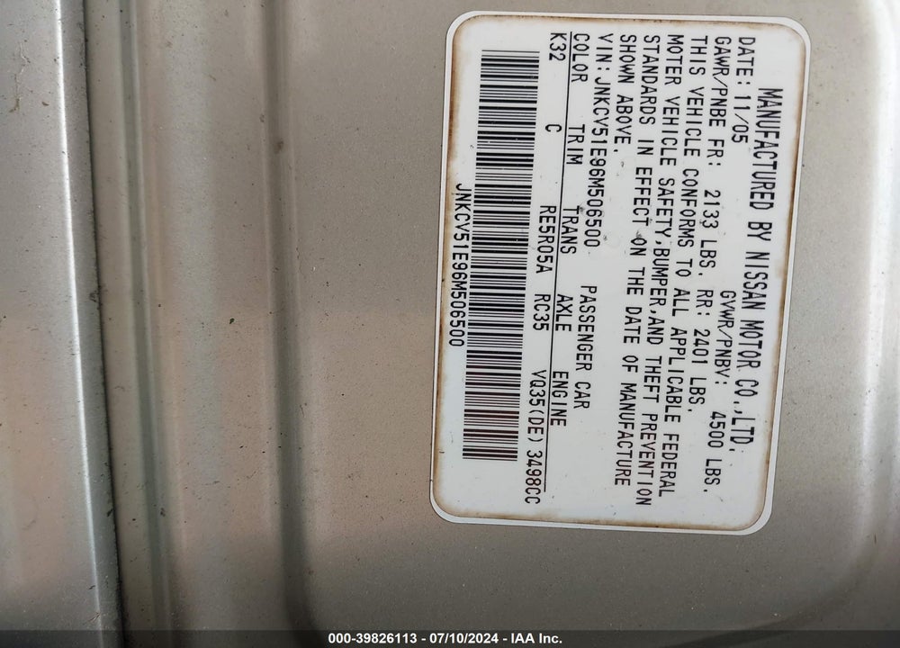 2006 INFINITI G35 VIN: JNKCV51E96M506500