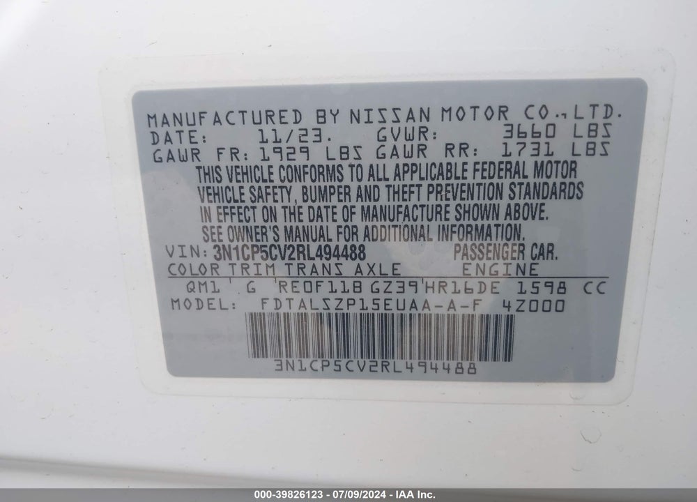 2024 NISSAN KICKS SV XTRONIC CVT VIN: 3N1CP5CV2RL494488