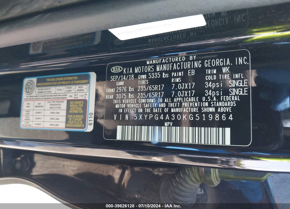 2019 KIA SORENTO 2.4L L VIN: 5XYPG4A30KG519864