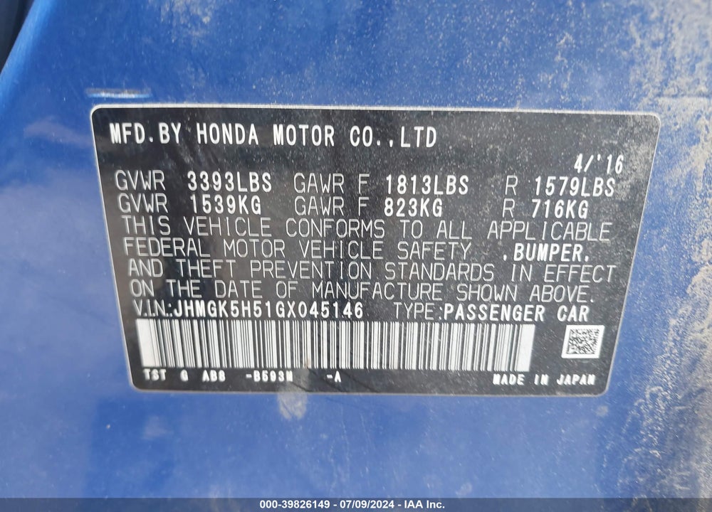 2016 HONDA FIT LX VIN: JHMGK5H51GX045146