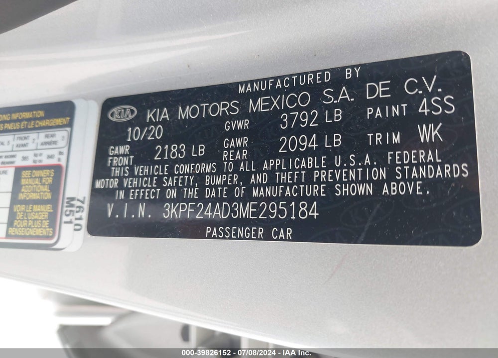 2021 KIA FORTE LXS VIN: 3KPF24AD3ME295184
