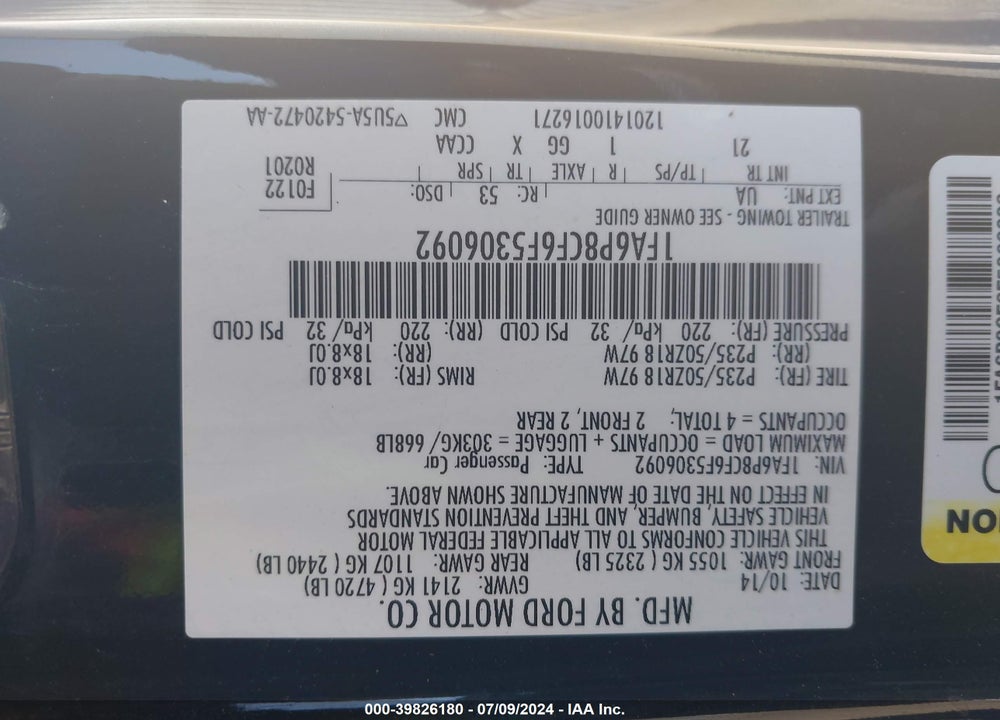 2015 FORD MUSTANG GT VIN: 1FA6P8CF6F5306092