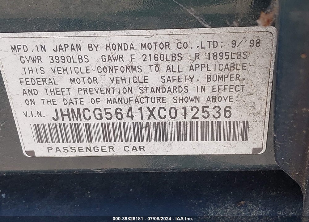 1999 HONDA ACCORD LX VIN: JHMCG5641XC012536