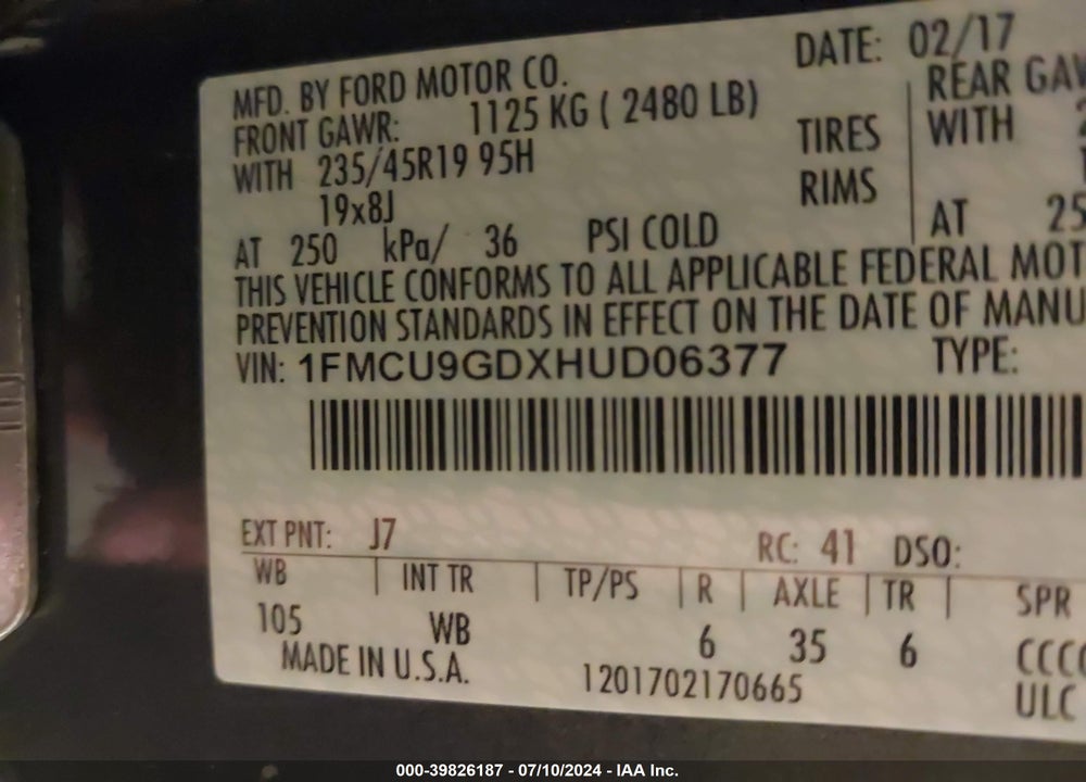 2017 FORD ESCAPE SE VIN: 1FMCU9GDXHUD06377