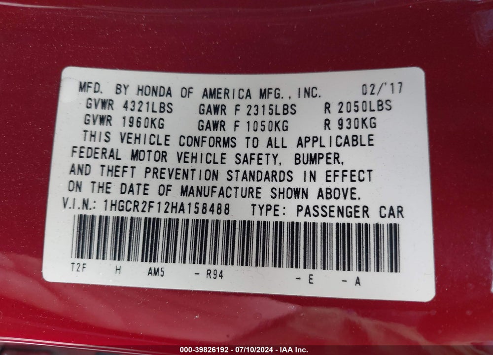 2017 HONDA ACCORD SPORT SE VIN: 1HGCR2F12HA158488