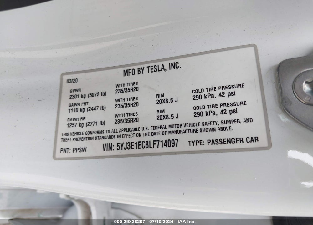 2020 TESLA MODEL 3 PERFORMANCE DUAL MOTOR ALL-WHEEL DRIVE VIN: 5YJ3E1EC8LF714097