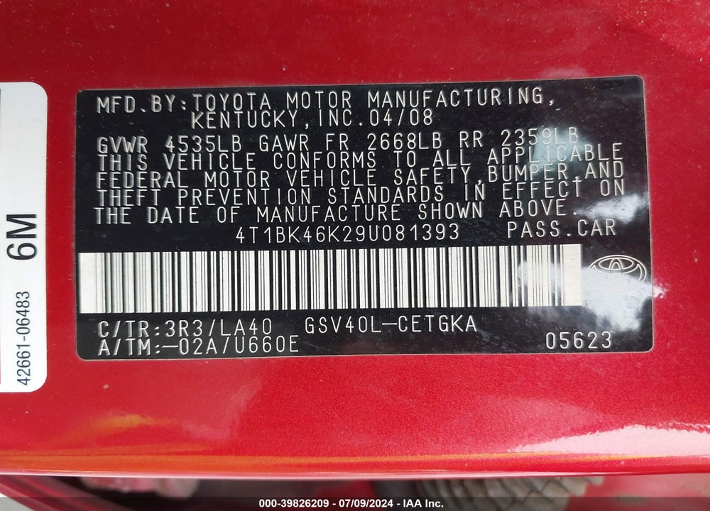 2009 TOYOTA CAMRY XLE V6 VIN: 4T1BK46K29U081393