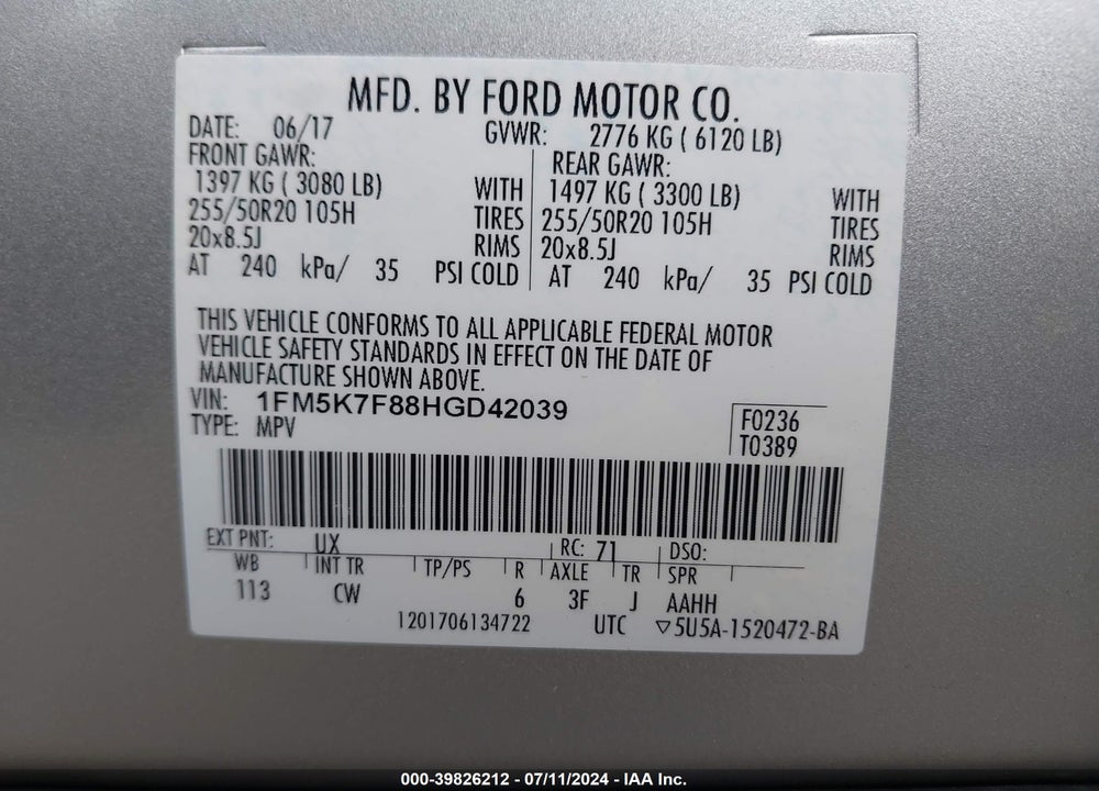 2017 FORD EXPLORER LIMITED VIN: 1FM5K7F88HGD42039