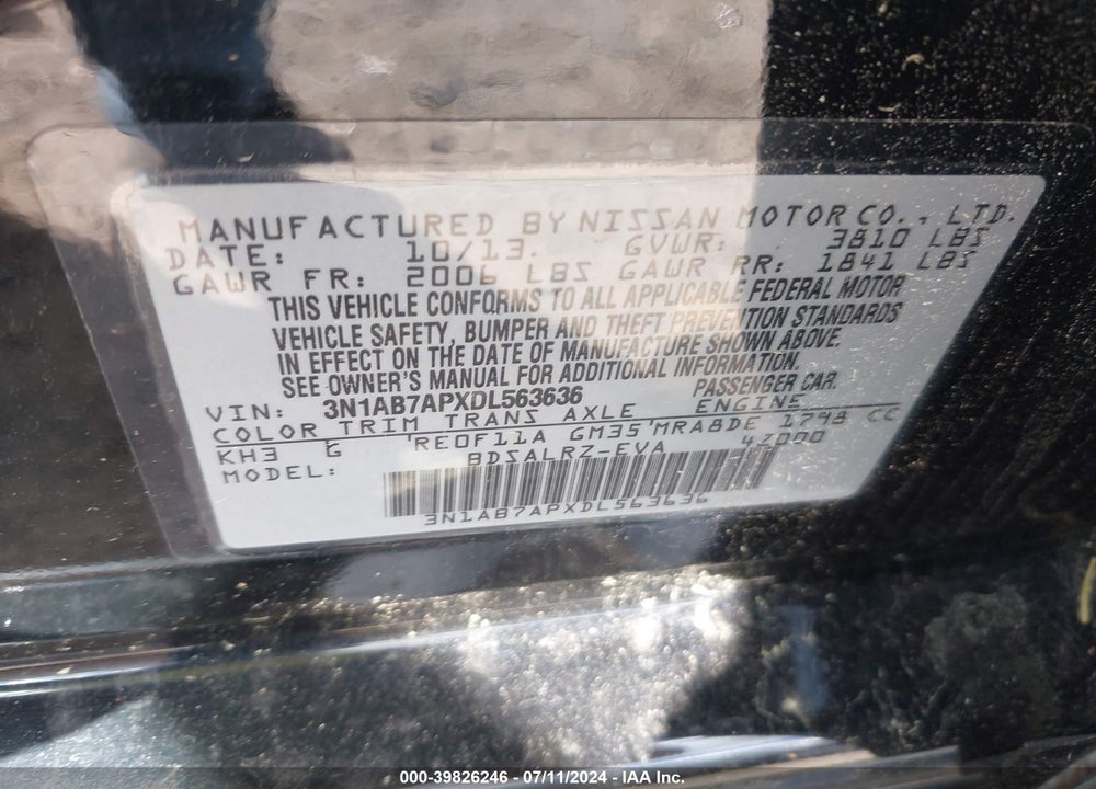 2013 NISSAN SENTRA SR VIN: 3N1AB7APXDL563636