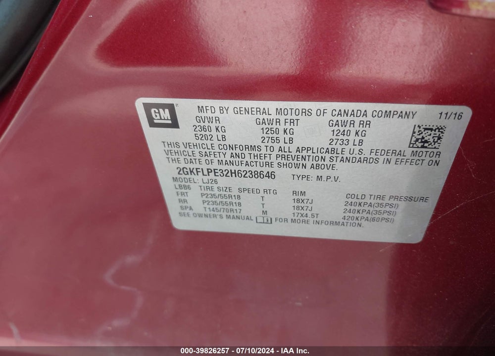 2017 GMC TERRAIN SLT VIN: 2GKFLPE32H6238646