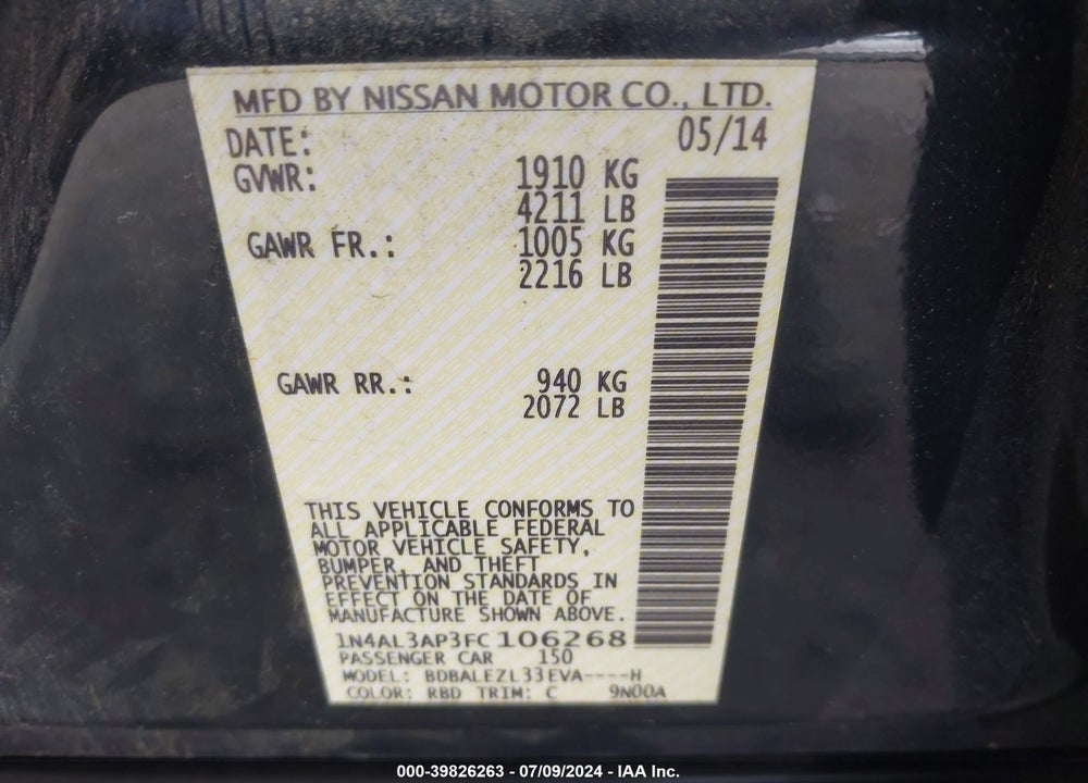 2015 NISSAN ALTIMA 2.5 S VIN: 1N4AL3AP3FC106268