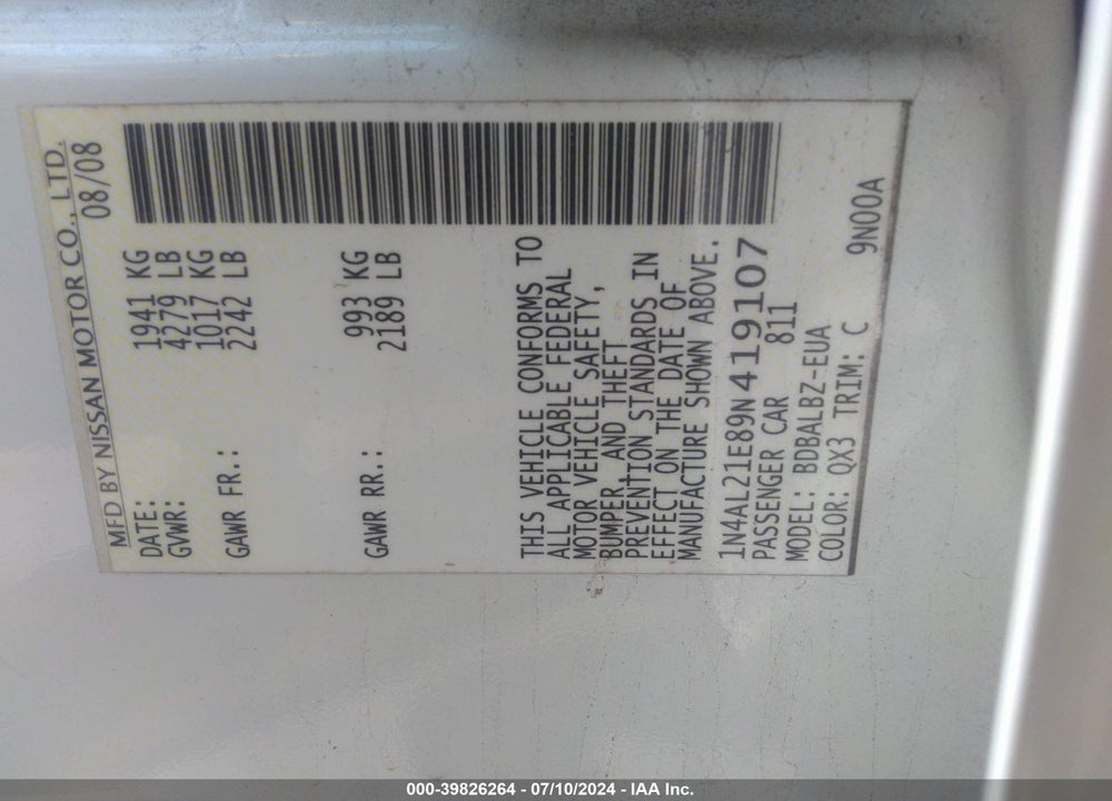2009 NISSAN ALTIMA 2.5 S VIN: 1N4AL21E89N419107