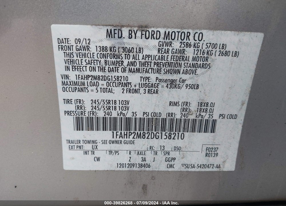 2013 FORD POLICE INTERCEPTOR VIN: 1FAHP2M82DG158210