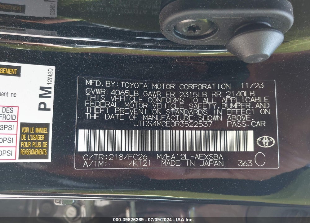 2024 TOYOTA COROLLA SE VIN: JTDS4MCE0R3522537