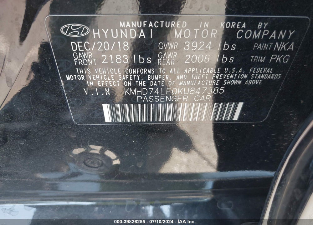 2019 HYUNDAI ELANTRA SE VIN: KMHD74LF0KU847385