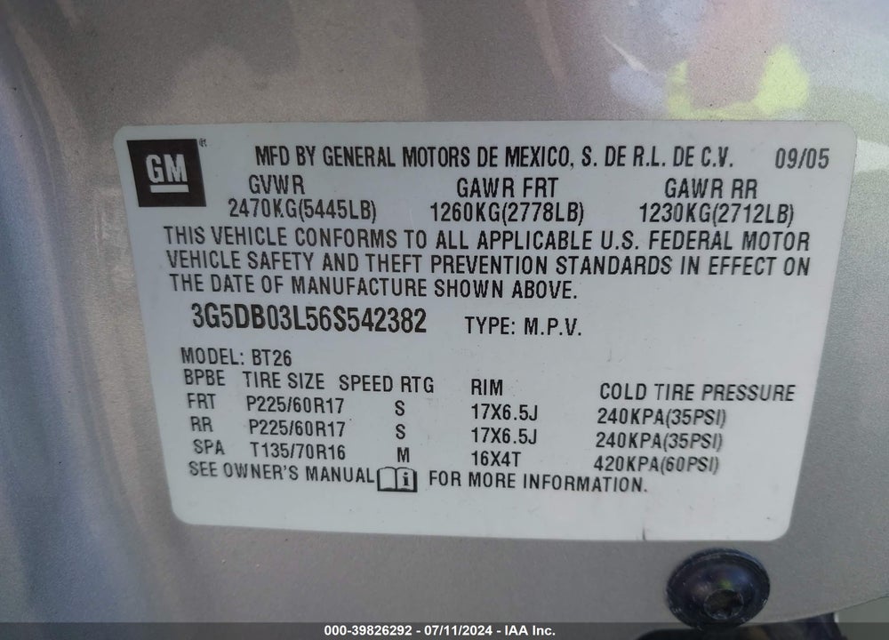 2006 BUICK RENDEZVOUS CX VIN: 3G5DB03L56S542382