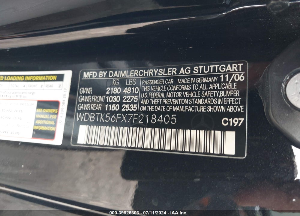 2007 MERCEDES-BENZ CLK 350 VIN: WDBTK56FX7F218405