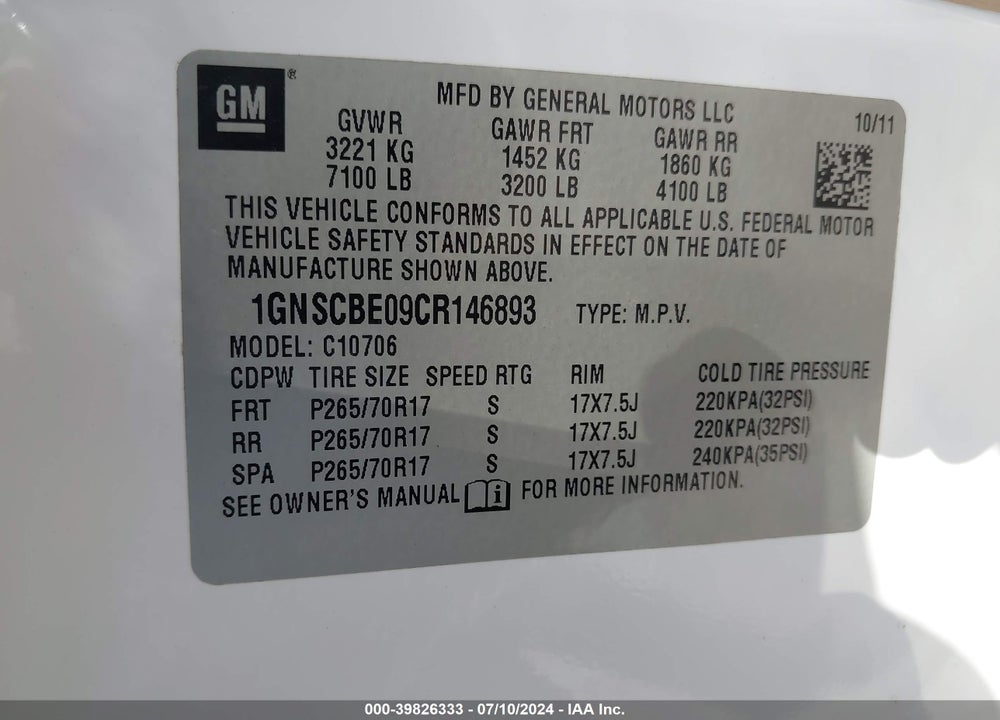 2012 CHEVROLET TAHOE VIN: 1GNSCBE09CR146893