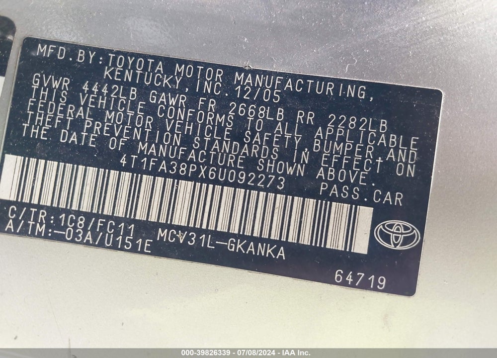 2006 TOYOTA CAMRY SOLARA SE VIN: 4T1FA38PX6U092273