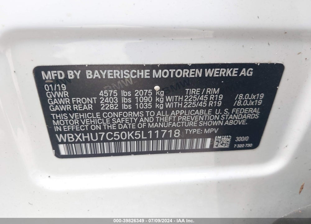 2019 BMW X1 SDRIVE28I VIN: WBXHU7C50K5L11718