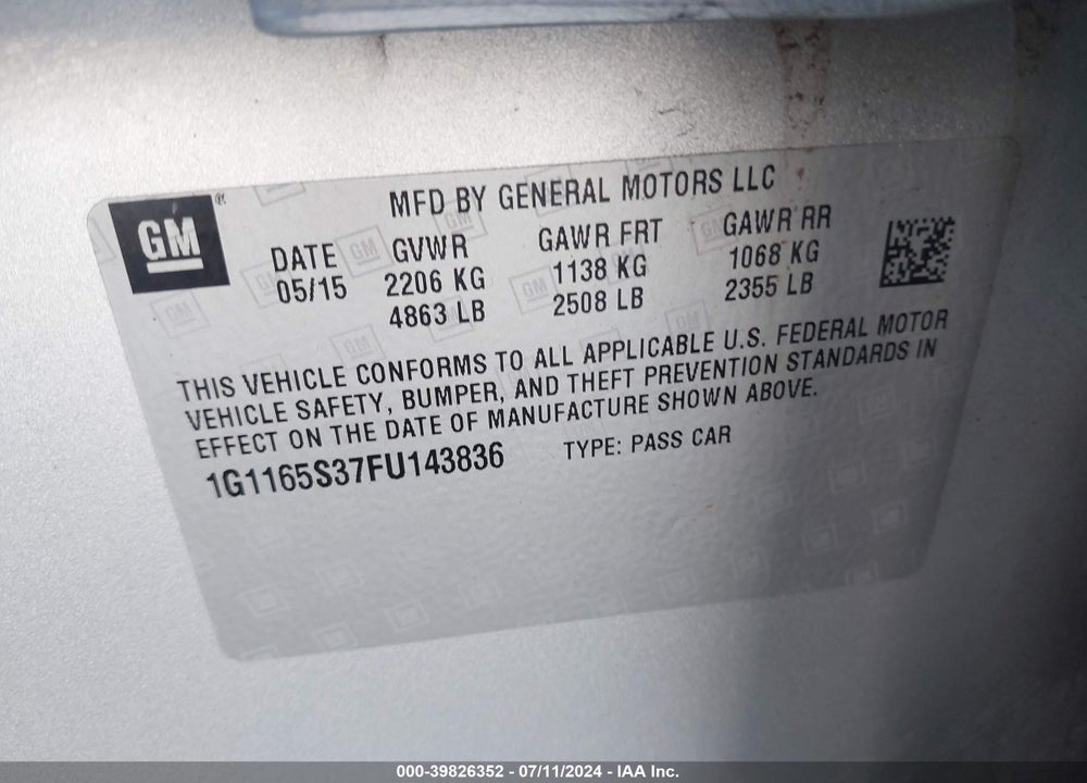 2015 CHEVROLET IMPALA 2LZ VIN: 1G1165S37FU143836