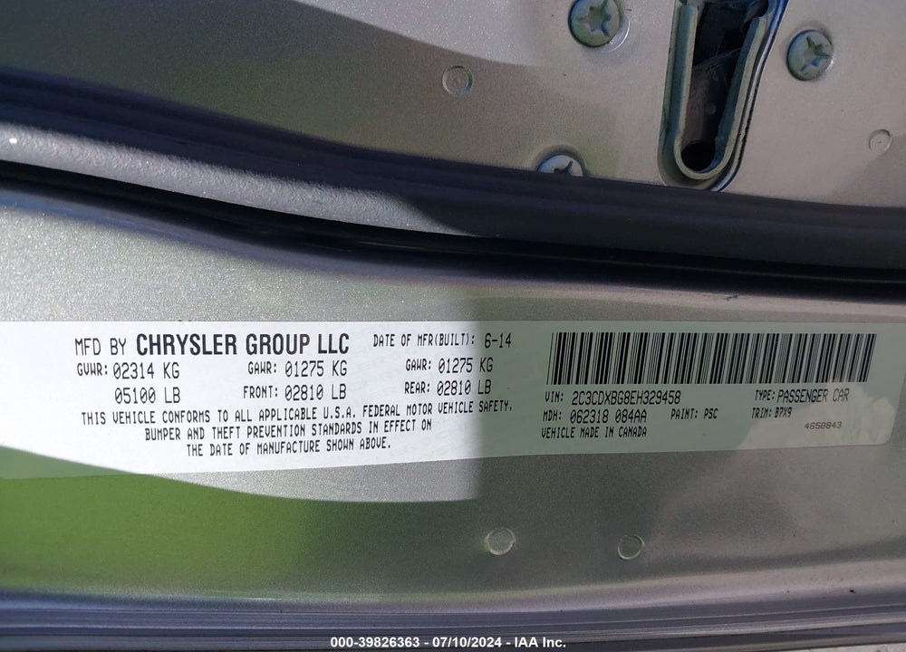 2014 DODGE CHARGER SE VIN: 2C3CDXBG8EH329458