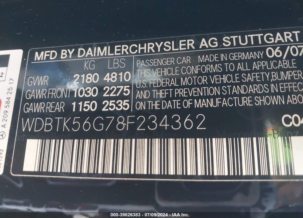 2008 MERCEDES-BENZ CLK 350 VIN: WDBTK56G78F234362