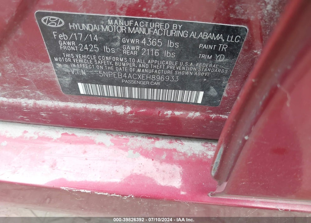 2014 HYUNDAI SONATA GLS VIN: 5NPEB4ACXEH896933