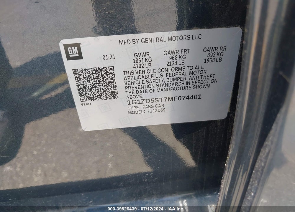 2021 CHEVROLET MALIBU FWD LT VIN: 1G1ZD5ST7MF074401
